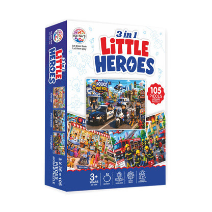 A 3-in-1 'Little Heroes' jigsaw puzzle box by Father's Day Store, featuring a white and blue packaging design with illustrations of police-themed scenes and text indicating 105 pieces.