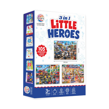A 3-in-1 jigsaw puzzle box titled 'Little Heroes' by Patna's, featuring three different colorful cartoon store scenes on the front, shown on a plain white background.