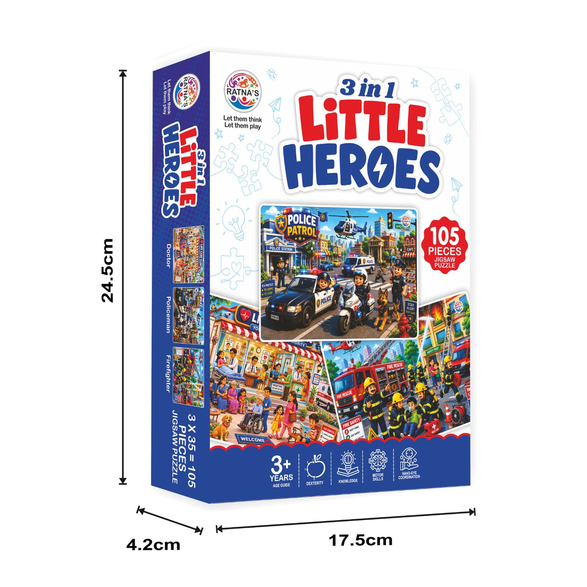 A 3-in-1 Little Heroes jigsaw puzzle box by Brainwork, shown with dimension lines indicating 24.5 cm height, 4.