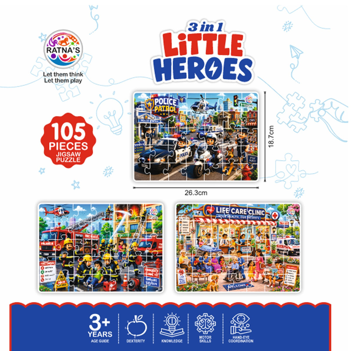 Ratna's Little Heroes 3-in-1 jigsaw puzzle set featuring three colorful scenes: a police station, a life care clinic, and an ambulance station. The packaging shows the product title, '105 Pieces Jigsaw Puzzle,' dimensions of the assembled puzzles, and age suitability icons at the bottom.
