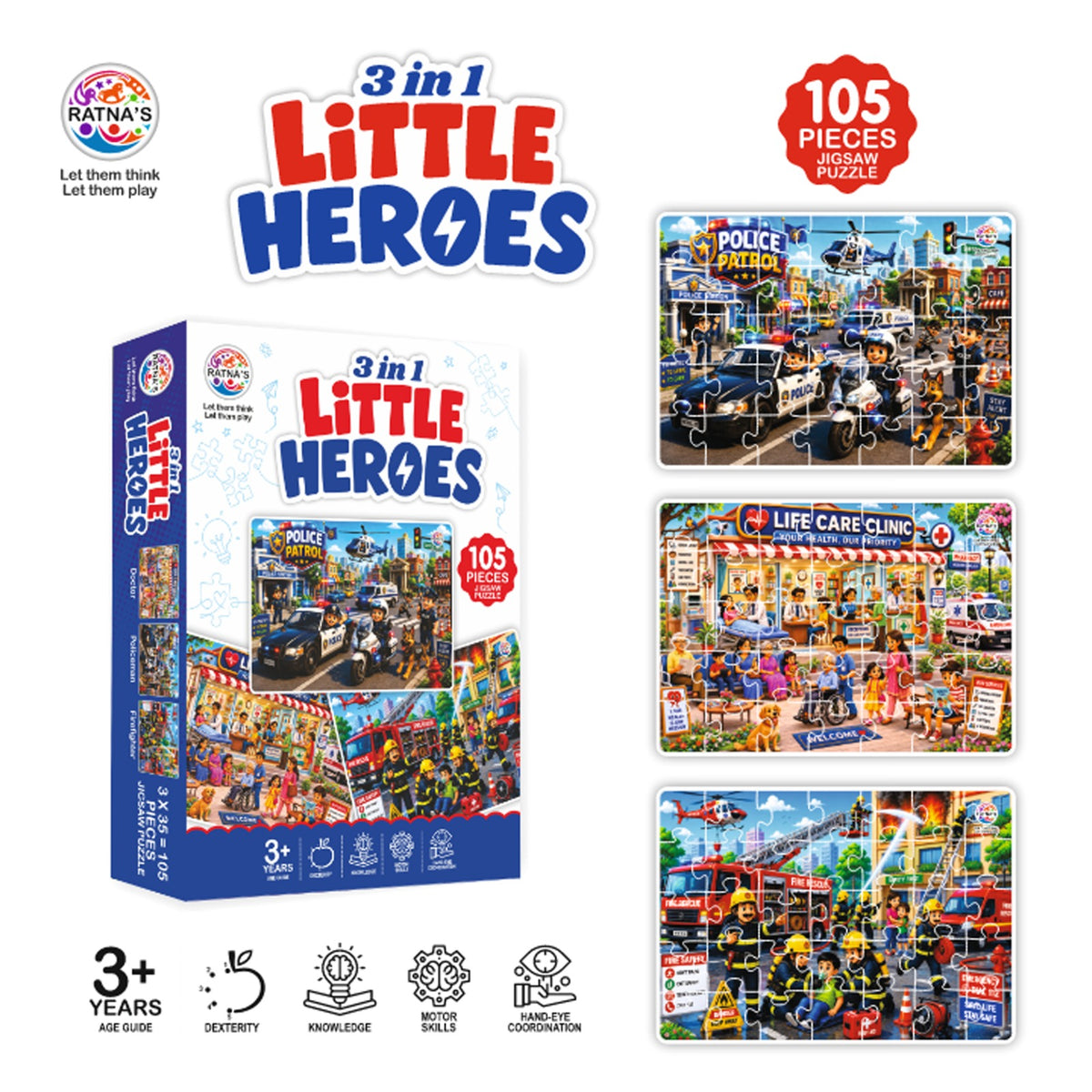 Ratna's 3-in-1 Little Heroes jigsaw puzzle set, featuring a blue and white product box, a red '105 Pieces' badge, and three colorful sample puzzle images showing police, life care clinic, and roller coaster scenes.