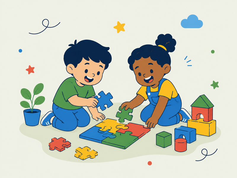 A colorful cartoon illustration of two children kneeling on the floor and playing with a jigsaw puzzle. The boy wears a green shirt and blue pants, and the girl wears a yellow shirt and blue overalls.