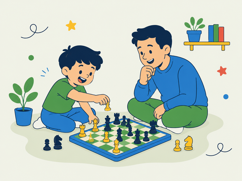 Illustrated scene of a man and a child playing chess on a blue board, with potted plants, a small shelf, and decorative doodles around them.