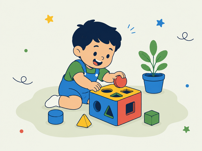 A colorful cartoon illustration of a young child sitting on the floor and playing with a shape-sorting toy block, with a potted plant nearby on a light cream background.