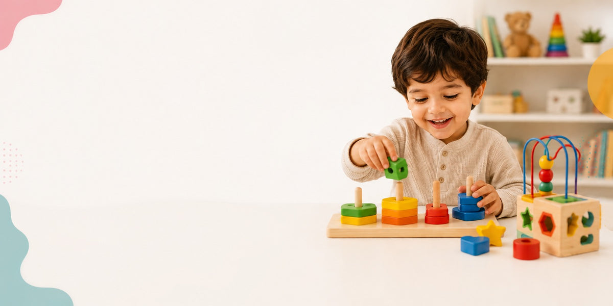 A young child smiling and playing with a colorful wooden toy set on a white table in a bright room. The toy set includes a peg board with green, yellow, and orange pegs, matching shape blocks, and a bead maze.