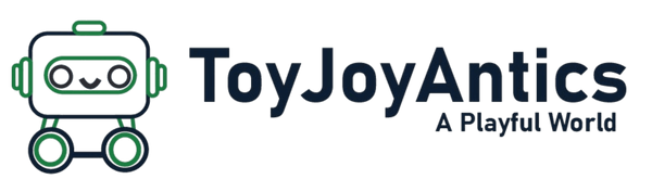A logo-style graphic on a white background showing a simple cartoon robot in green and white on the left, with the text 'ToyJoyAntics' in dark navy and 'A Playful World' underneath.