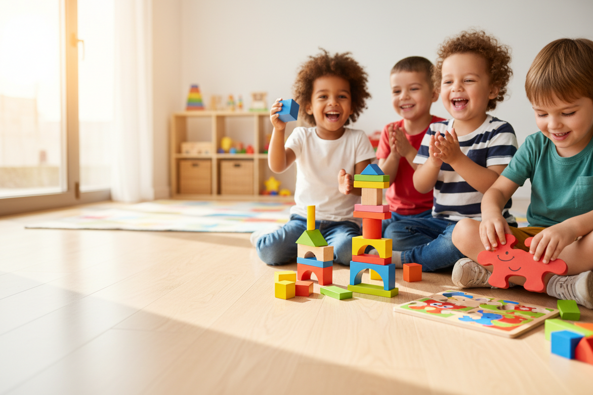 Four young children sitting on a wooden floor in a bright playroom, happily playing with colorful wooden building blocks and a puzzle. The room has warm natural light coming from a window on the left, and a small toy shelf is visible in the background.